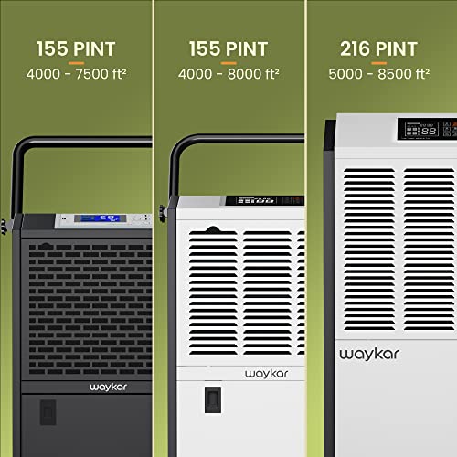 Waykar Deshumidificador comercial grande de 155 pintas con manguera de drenaje y tanque de agua, deshumidificador industrial en gran espacio de hasta 8000 pies cuadrados para el hogar, sótanos - DP600B