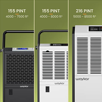 Waykar Deshumidificador comercial grande de 155 pintas con manguera de drenaje y tanque de agua, deshumidificador industrial en gran espacio de hasta 8000 pies cuadrados para el hogar, sótanos - DP600B