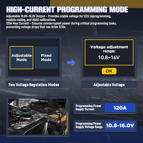 AUTOOL Fuente de alimentación de reprogramación flash de 120 amperios, cargador de batería de automóvil con modo de reparación de batería, reprogramador flash y fuente de alimentación ajustable con cables de 6.5 pies, pantalla HD