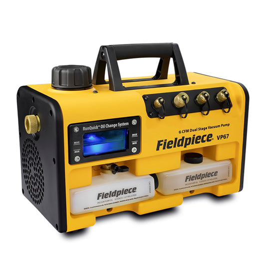 Fieldpiece Bomba de vacío VP67 – 6 CFM, motor CC de 1/2 HP, sistema de cambio de aceite RunQuick – Portátil – Herramienta profesional HVAC – Compatible con A2L