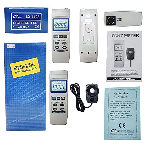 Medidor de exposición digital Lx-1108 Lux Meter junto con certificado de calibración de fábrica (rango: 0 a 4,00,000 Lux)