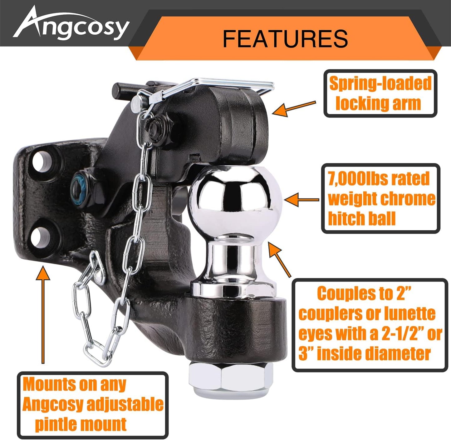 Gancho de perno de 10 toneladas para enganches de remolque, gancho receptor, bola de enganche de 2 pulgadas con kit de montaje, 7000 libras