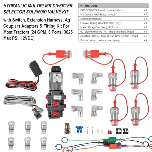 Válvula solenoide de desviador multiplicador hidráulico de 24 GPM, 6 puertos, 3625 PSI máximo, 12 VCC, con interruptor, arnés de extensión, adaptadores de acoplador de ag