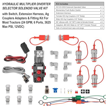 Válvula solenoide de desviador multiplicador hidráulico de 24 GPM, 6 puertos, 3625 PSI máximo, 12 VCC, con interruptor, arnés de extensión, adaptadores de acoplador de ag