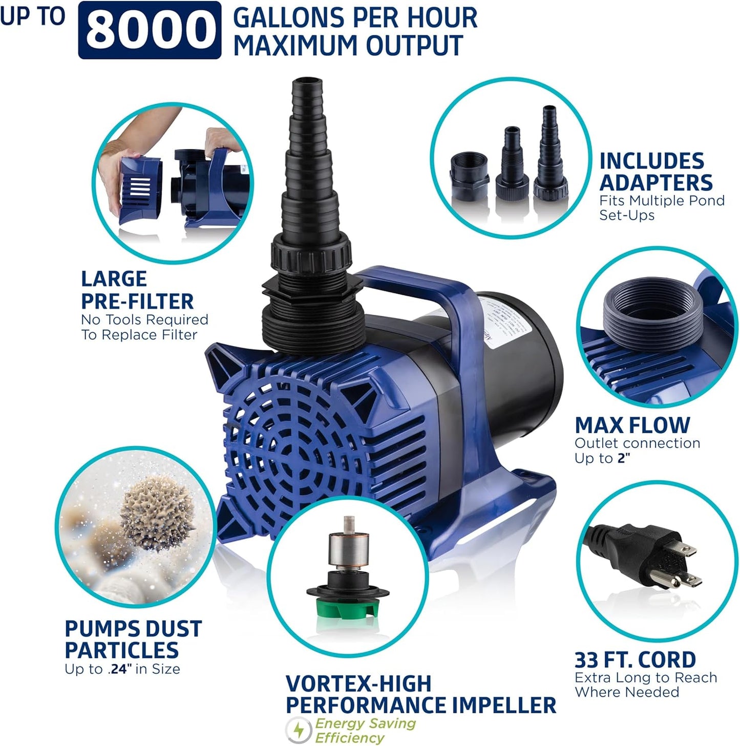 Alpine Corporation Bomba de agua sumergible de 8000 GPH con cable de 33 pies y adaptadores para estanques, fuentes, cascadas y circulación de agua, 540 vatios y 26 pies de elevación de funcionamiento