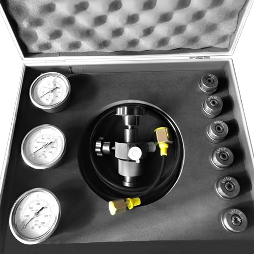 Kit de llenado de nitrógeno acumulador hidráulico de 3 calibradores, juego profesional de manómetros de llenado de gas, herramienta de prueba de acumulador multiadaptador con 6 acoplamientos para