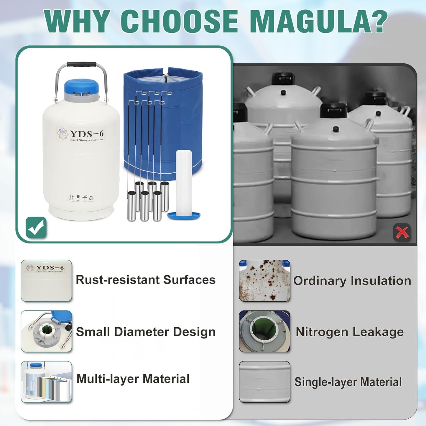 Magula Contenedor de nitrógeno líquido de 6L Contenedor criogénico (LN2) Aleación de aluminio Nitrógeno líquido Dewar Contenedor criogénico estático Contenedor de nitrógeno líquido con 6 recipientes