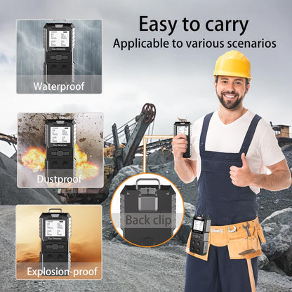 Detector de 4 gases, 4 monitores de gas portátil Detector de gas múltiple H2S, O2, CO y EX Pantalla LCD recargable Monitor H2s, sensor de calidad, medidor de gas de 13.1 ft (negro)