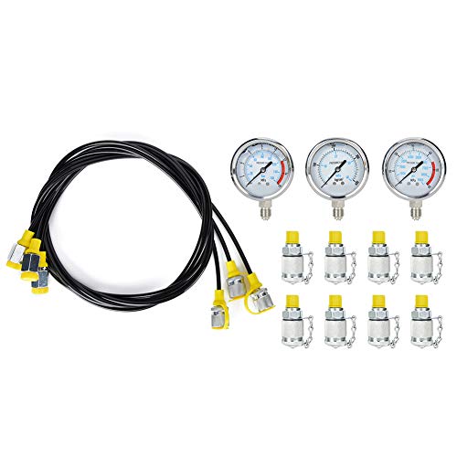 Kit de prueba de presión hidráulica que incluye 3 medidores de presión, 8 conectores y 3 mangueras, herramienta de prueba de presión de equipos hidráulicos para aceite