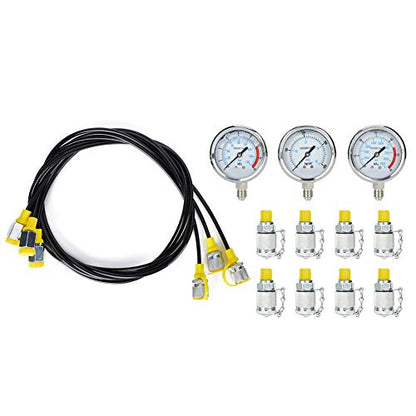 Kit de prueba de presión hidráulica que incluye 3 medidores de presión, 8 conectores y 3 mangueras, herramienta de prueba de presión de equipos hidráulicos para aceite
