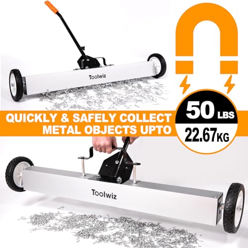Toolwiz Barredora magnética de con ruedas, capacidad de 50 libras, barredora magnética de piso con mango de liberación, imanes industriales, recogida de metal resistente, 18"