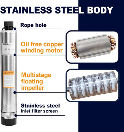 WASSERMANN Bomba séptica de 4 pulgadas con efluente sumergible/bomba de succión inferior de cisterna con cable de 33 pies, 1/2HP, 115V/60HZ, 26GPM, cabeza de 138 pies, bomba de pozo profundo de acero