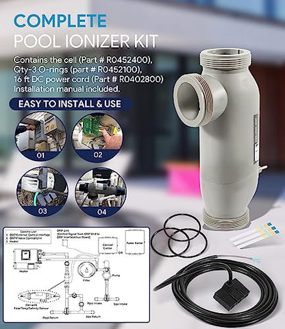 R0452400 PLC1400 Kit de celdas de sal de 3 puertos de repuesto para Zodiac Jandy AquaPure 1400 PureLink APURE1400 Sistema de purificación de agua con cable de alimentación CC de 16 pies R0402800 y 3