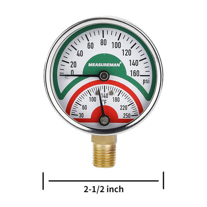 Measureman Tridicador, termo-manómetro, 2-1/2 pulgadas, relleno de aceite de silicona, 0-160 psi/30-250 grados F, caja de acero inoxidable, medidor de presión de montaje inferior NPT de 1/4 pulgadas