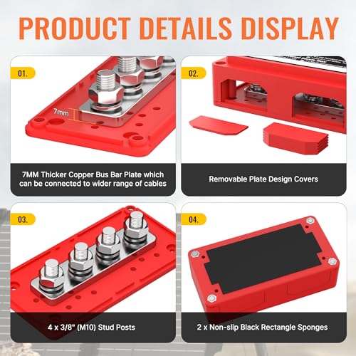 Joinfworld Barra de bus de 300 A, bloque de distribución de energía impermeable de 12 V CC con 4 pernos de 3/8 pulgadas, bloque de terminales de barra de autobús de batería marina resistente, 12