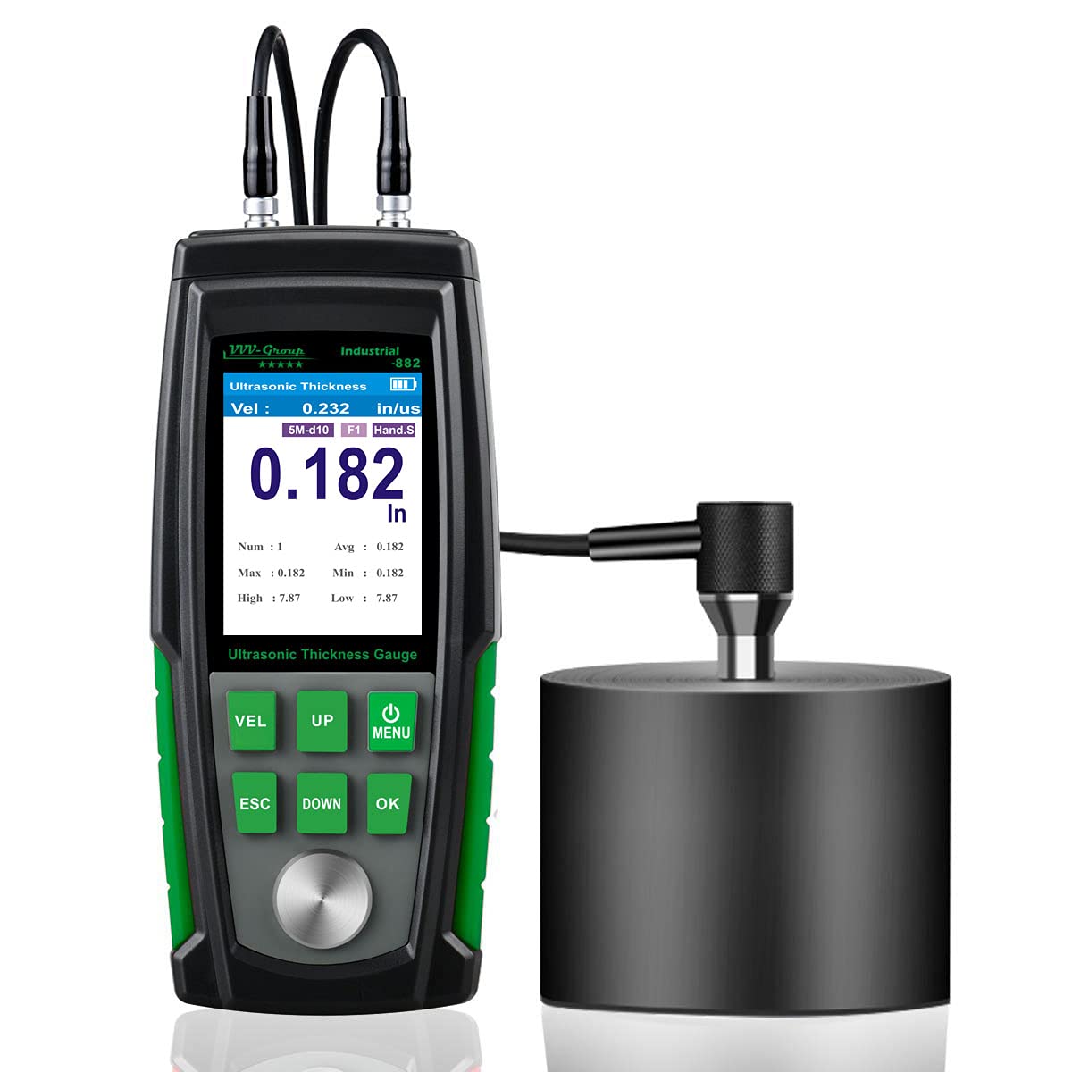Medidor de espesor ultrasónico Industrial-882 / acero, metales, plástico, vidrio, PVC, medidor de espesor de tuberías, rango de 0.039 a 8.8 pulgadas, LCD de color HD de 2.4 pulgadas, calibración automática (todo el material)