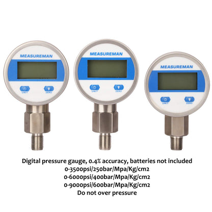 Measureman Kit de prueba de presión digital hidráulica portátil para excavadora, incluye 6 acoplamientos de prueba, 3 manómetros digitales (3500/6000/9000 PSI), 2 mangueras de prueba, embaladas en una