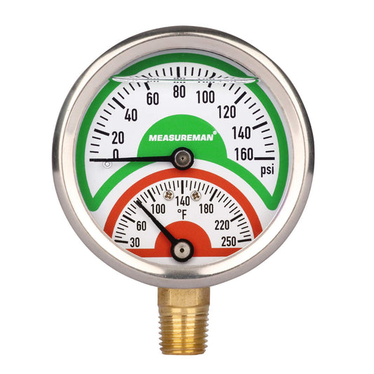 Measureman Tridicador, termo-manómetro, 2-1/2 pulgadas, relleno de aceite de silicona, 0-160 psi/30-250 grados F, caja de acero inoxidable, medidor de presión de montaje inferior NPT de 1/4 pulgadas