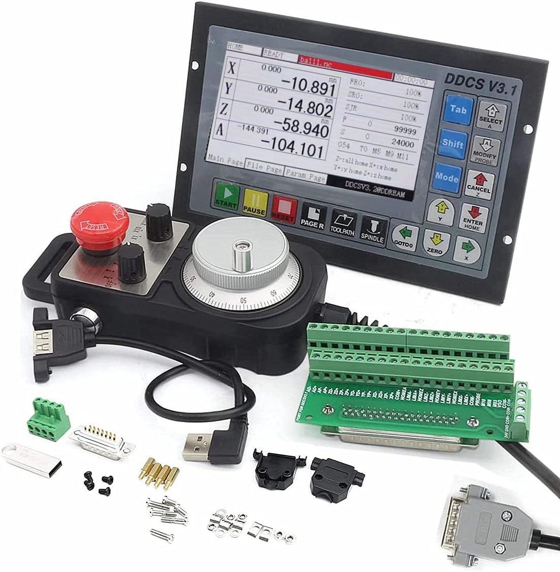 CNCTOPBAOS Sistema Controlador de Movimiento CNC Independiente Fuera de Línea de 4 Ejes DDCSV3.1, Control de Motor Servo/Paso a Paso Reemplaza Mach3 PLC+100PPR Volante Manual MPG con Parada de Estilo-DDCSV-3