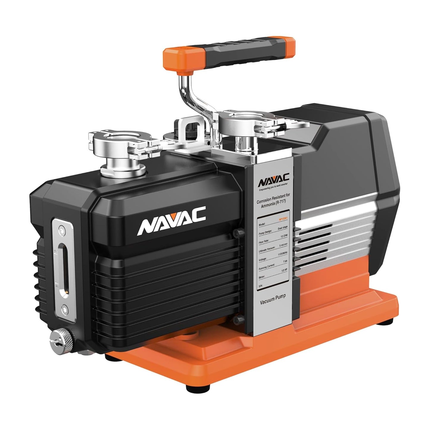 NAVAC NP12DA1 Bomba de vacío de amoníaco - Resistente a la corrosión para amoníaco (R-717) - Caudal de 12 CFM - Vacío de 5 micras - Bomba HVAC de doble etapa - Diseño de grado industrial