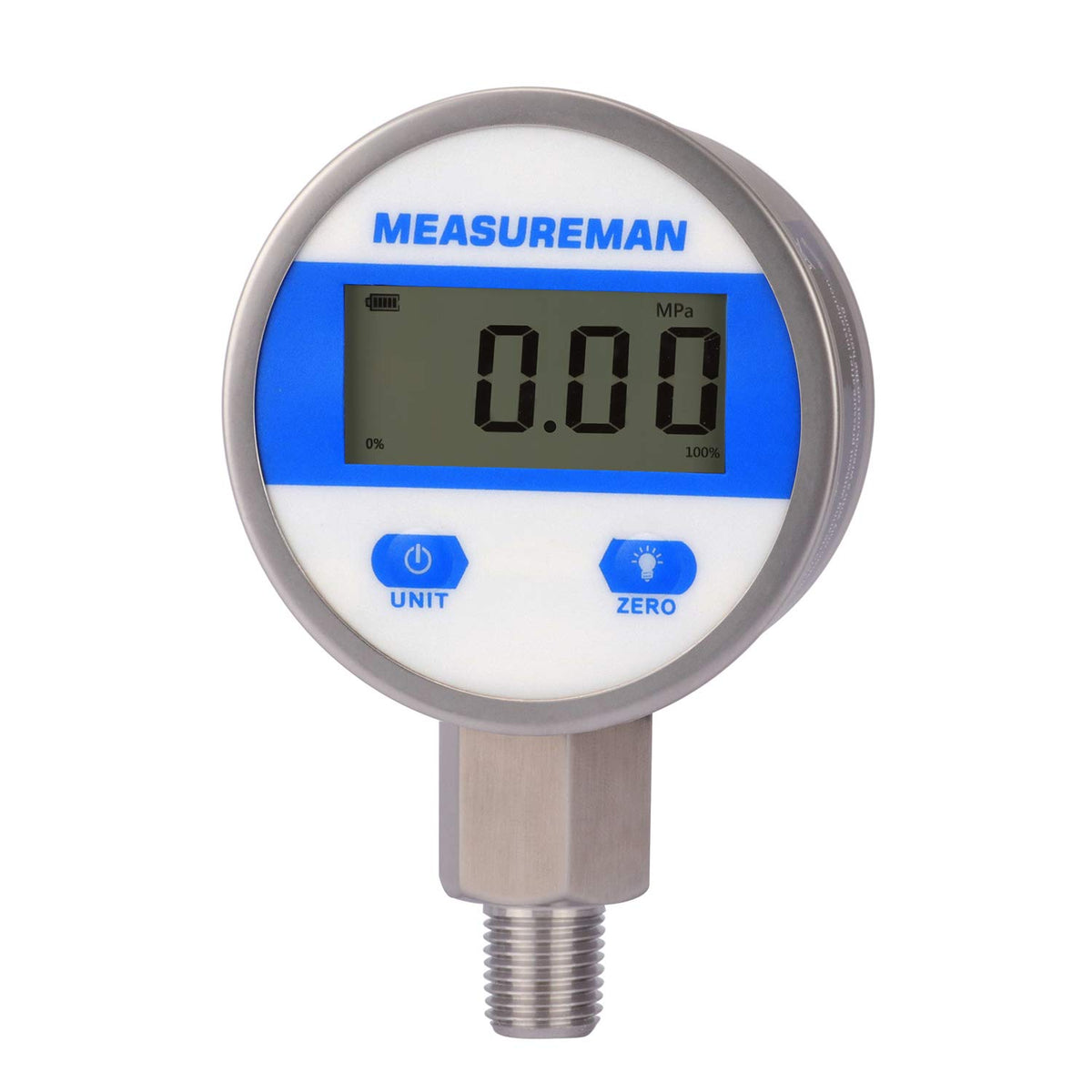 MEASUREMAN Medidor de presión industrial digital de 2-1/2" con esfera, con montaje inferior de 1/4" NPT, carcasa y conexión de acero inoxidable, 0-100 psi/bar, 1%, alimentado por batería, con luz LED MA154