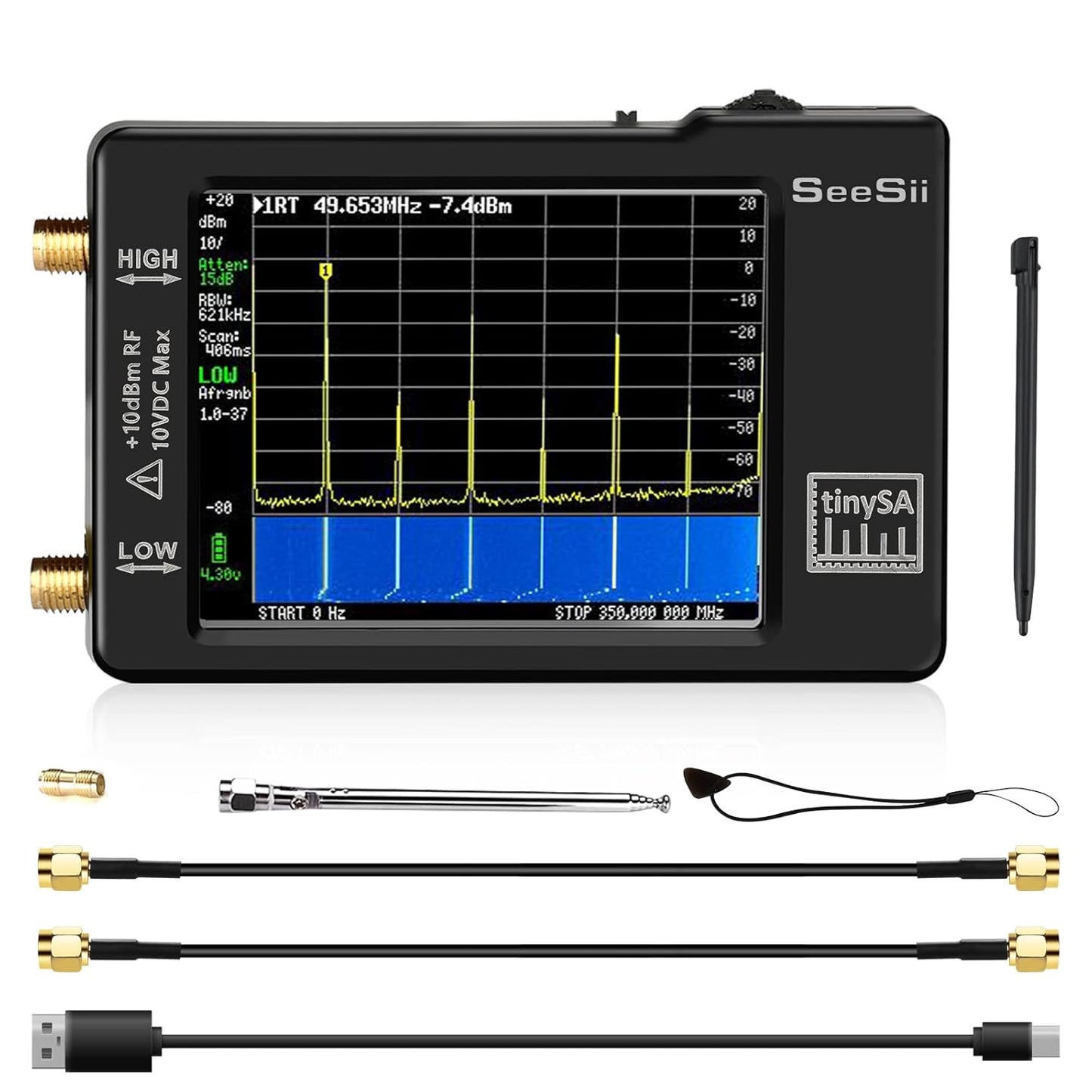 Analizador portátil de espectro TinySA, SEESII actualizado V0.3.1, analizador de frecuencia minúscula de 100 kHz a 960 MHz MF/HF/VHF UHF, generador de señal con visualización táctil de 2.8 pulgadas