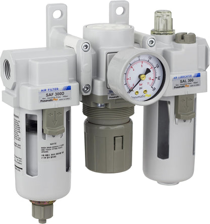 PneumaticPlus SAU300-N03G-MEP Filtro de Aire Comprimido Regulador Lubricador Combo 3/8" NPT - Cuenco de metal, drenaje manual, soporte, calibre Cuenco de polietileno - Drenaje manual