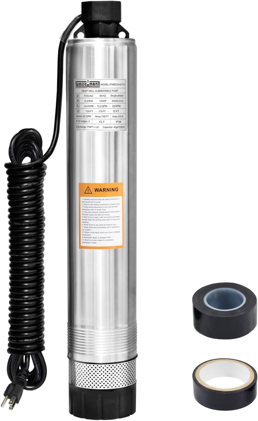 WASSERMANN Bomba séptica de 4 pulgadas con efluente sumergible/bomba de succión inferior de cisterna con cable de 33 pies, 1/2HP, 115V/60HZ, 26GPM, cabeza de 138 pies, bomba de pozo profundo de acero
