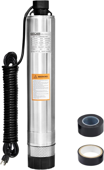 WASSERMANN Bomba séptica de 4 pulgadas con efluente sumergible/bomba de succión inferior de cisterna con cable de 33 pies, 1/2HP, 115V/60HZ, 26GPM, cabeza de 138 pies, bomba de pozo profundo de acero