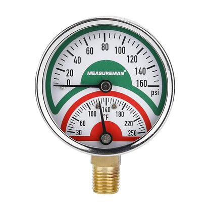 Measureman Tridicador, termo-manómetro, 2-1/2 pulgadas, relleno de aceite de silicona, 0-160 psi/30-250 grados F, caja de acero inoxidable, medidor de presión de montaje inferior NPT de 1/4 pulgadas