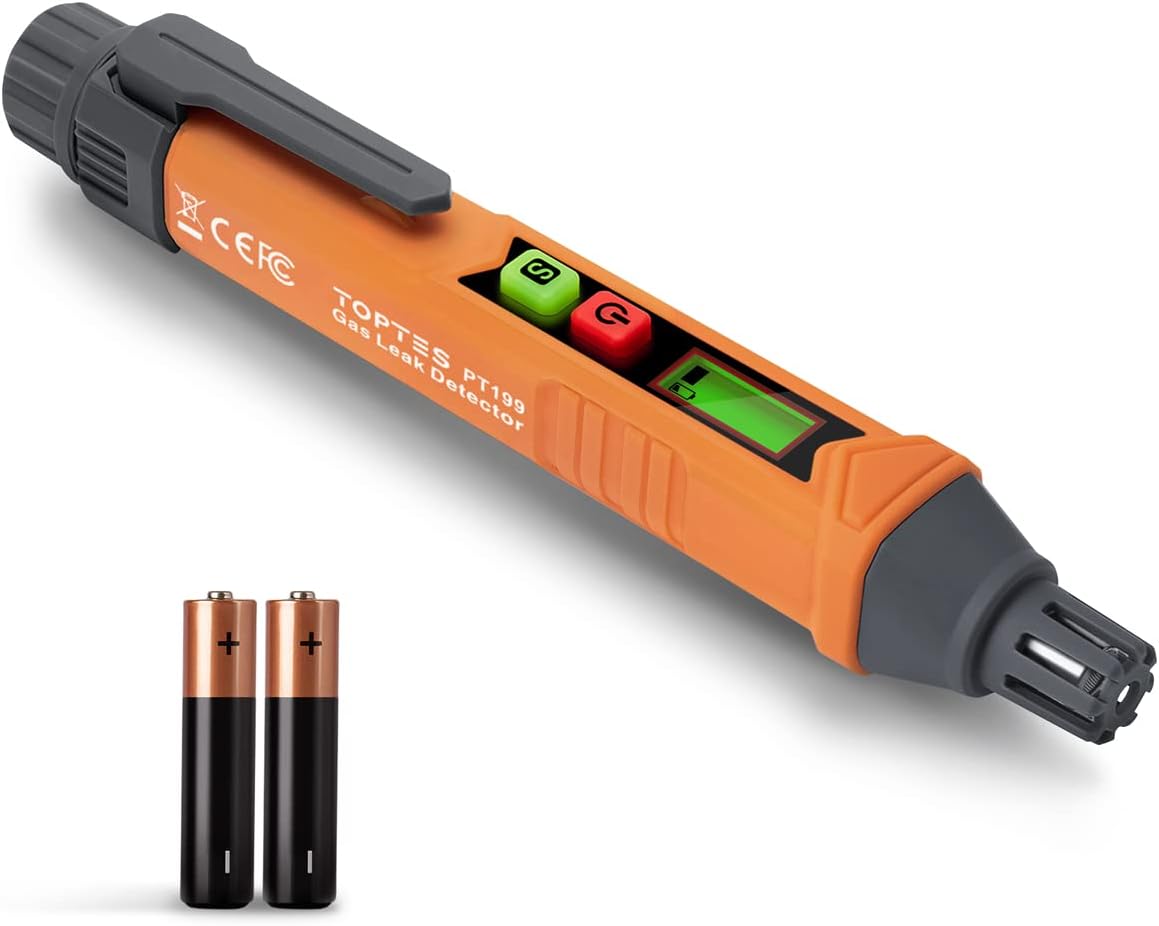PT199 Detector de fugas de gas natural con alarma audible y visual, sniffer de gas portátil para localizar fuentes combustibles como metano, propano para el hogar (incluye batería x2), naranja