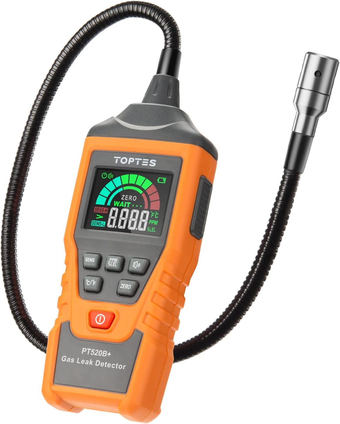 TopTes PT520B+ - Detector de fugas de gas recargable con una sonda de 43,5 cm para ubicar fugas de gas para propano, gas natural, metano, GLP en RV o hogar, medición de PPM o %LEL, color naranja