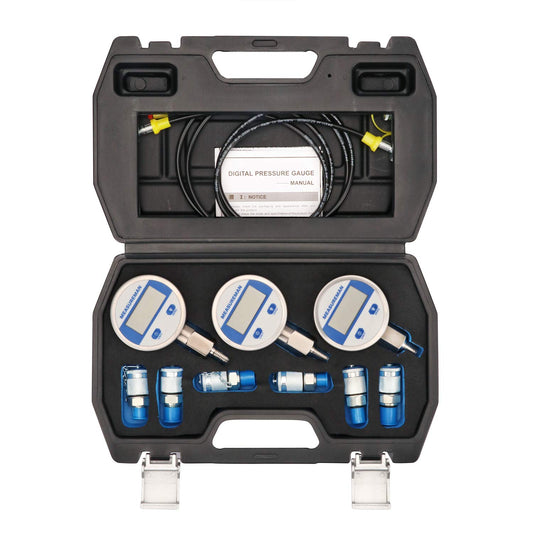 Measureman Kit de prueba de presión digital hidráulica portátil para excavadora, incluye 6 acoplamientos de prueba, 3 manómetros digitales (3500/6000/9000 PSI), 2 mangueras de prueba, embaladas en una