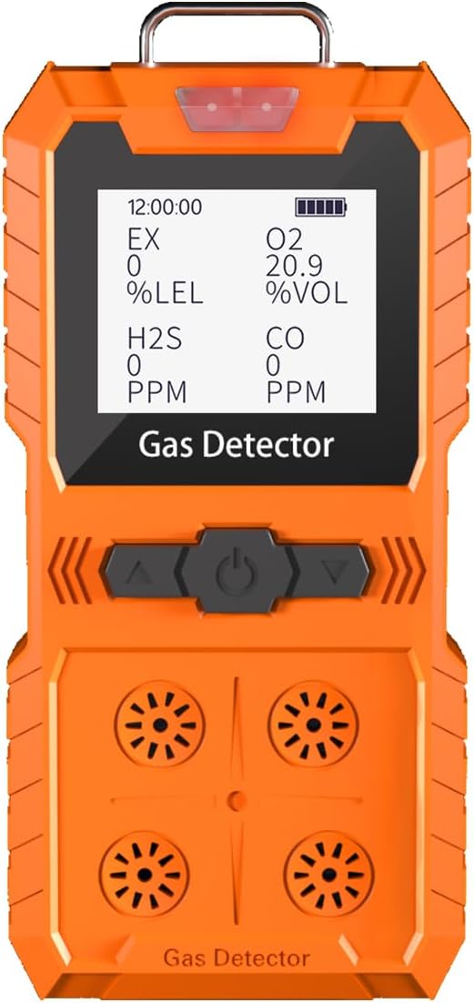 Detector de 4 gases, 4 monitores de gas portátil Detector de gas múltiple H2S, O2, CO y EX Pantalla LCD recargable Monitor H2s, sensor de calidad, medidor de gas de 13.1 ft (negro)