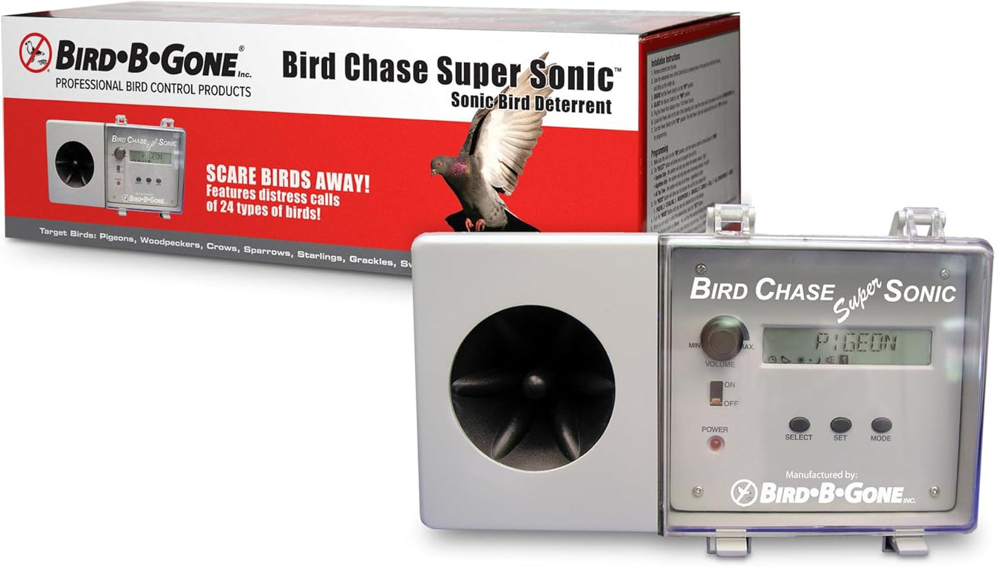 Bird B Gone - Bird Chase Super Sonic - Repelente de sonido al aire libre - Asusta a los pájaros - Diseño duradero resistente a la intemperie - para grandes espacios exteriores abiertos - Dispositivo