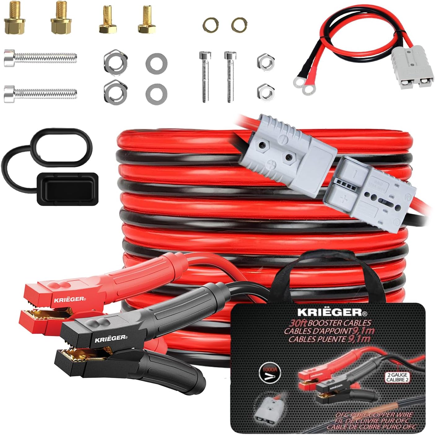 K KRIËGER Cables de Puente 100% Cobre Puro, 30 pies, 2 Calibre, 1000 amperios con Kit de instalación Permanente y enchufes de conexión rápida, Bolsa de Transporte incluida B0BTZ5HNLK