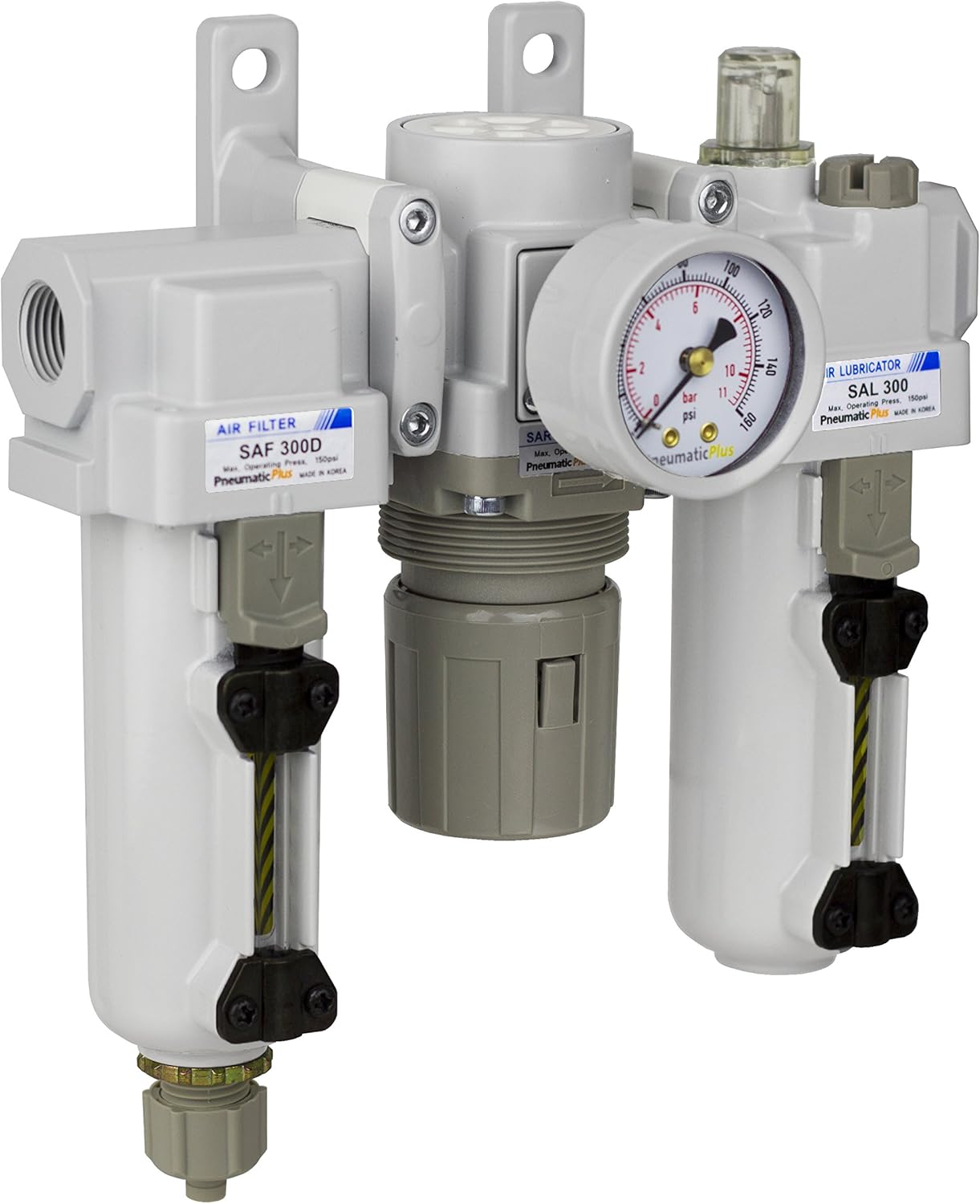 PneumaticPlus SAU300-N03G-MEP Filtro de Aire Comprimido Regulador Lubricador Combo 3/8" NPT - Cuenco de metal, drenaje manual, soporte, calibre Cuenco de metal - Drenaje manual