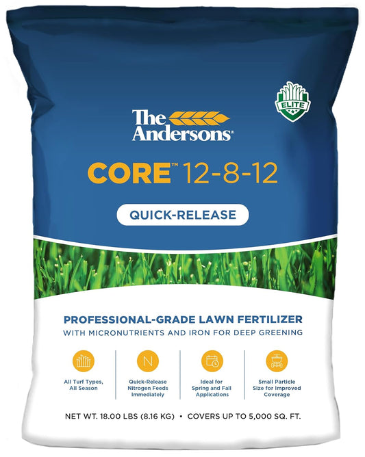 The Andersons Core 12-8-12 Fertilizante de césped de liberación rápida de grado profesional, 18 libras, cubre hasta 5,000 pies cuadrados.
