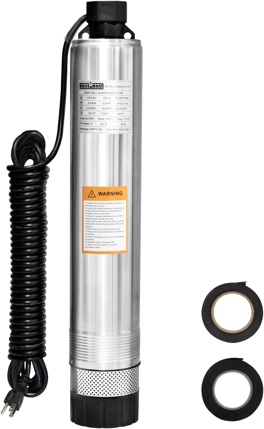 WASSERMANN Bomba séptica de 4 pulgadas con efluente sumergible/bomba de succión inferior de cisterna con cable de 33 pies, 1/2HP, 115V/60HZ, 26GPM, cabeza de 138 pies, bomba de pozo profundo de acero