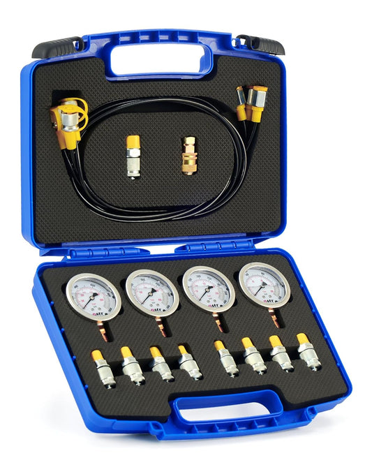 Orion Motor Tech Kit de prueba de presión hidráulica con 4 indicadores 1300 3500 5500 9000 psi, 9 acoplamientos de prueba, conector rápido y 3 mangueras de prueba, kit de medidor hidráulico para