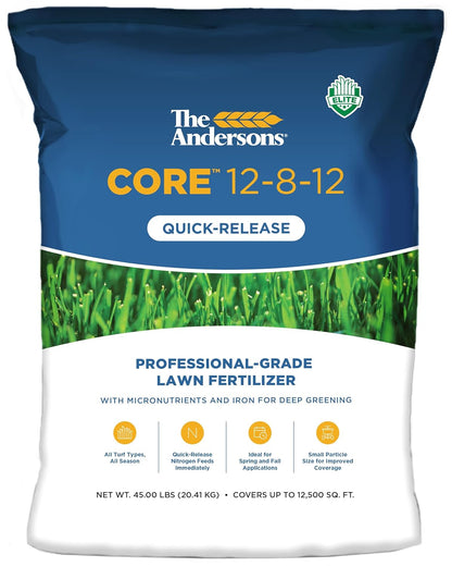 The Andersons Core 12-8-12 Fertilizante de césped de liberación rápida de grado profesional, 18 libras, cubre hasta 5,000 pies cuadrados.