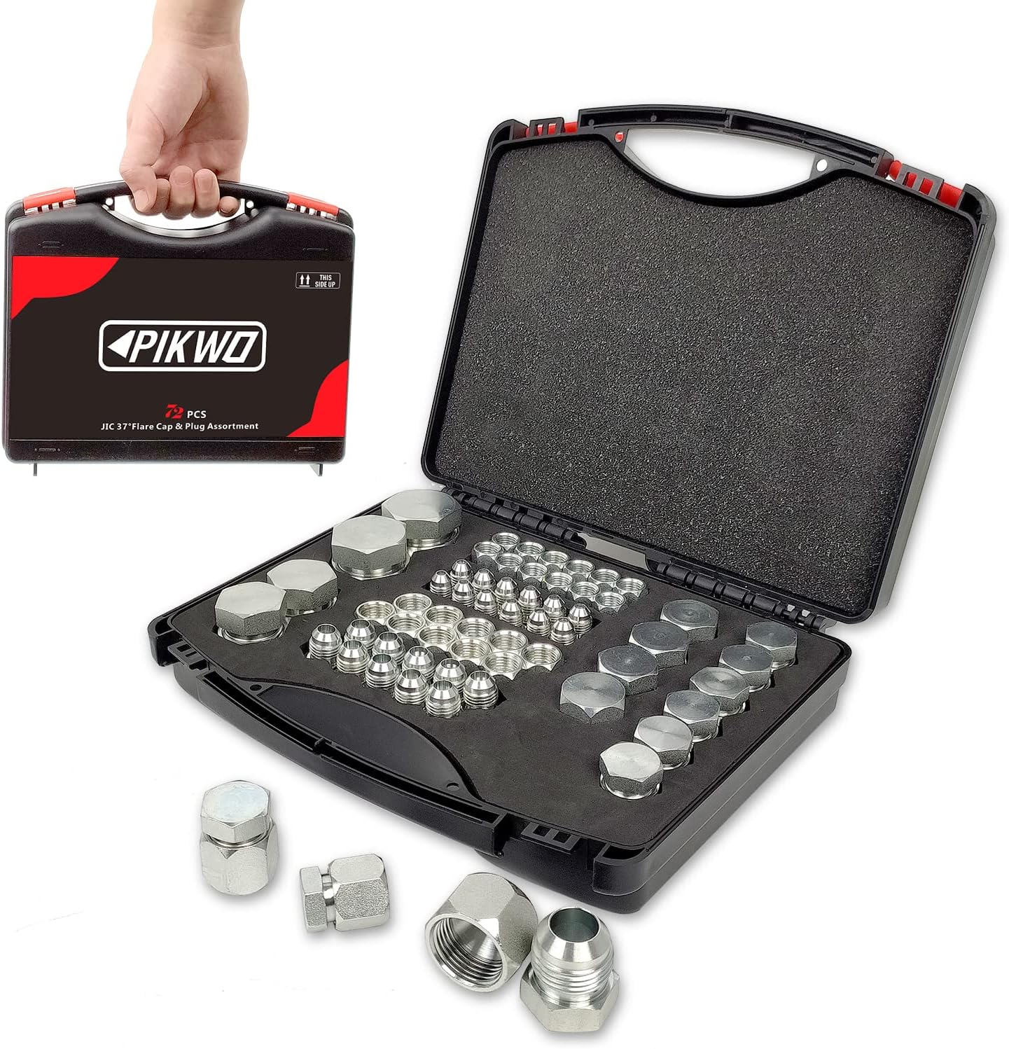 Juego de 72 piezas JIC de 37° de tapa y enchufe para manguera y tubo de manguera, juego de tapa hidráulica y enchufe de acero galvanizado 45# con rosca de precisión tamaños de tablero -04-06