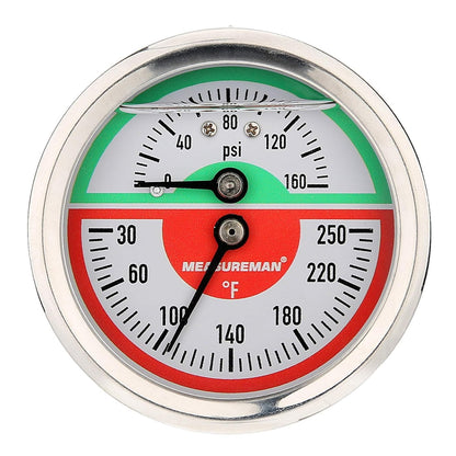 Measureman Tridicador, termo-manómetro, 2-1/2 pulgadas, relleno de aceite de silicona, 0-160 psi/30-250 grados F, caja de acero inoxidable, medidor de presión de montaje inferior NPT de 1/4 pulgadas