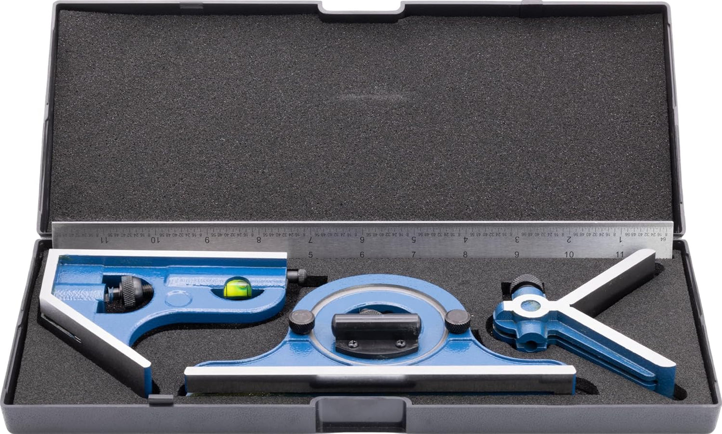 Juego cuadrado de combinación de maquinista de 4 piezas de 12 pulgadas, incluye cabeza cuadrada, cabeza central, cabezal transportador, hoja