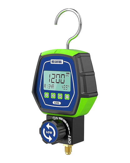 MR CARTOOL L302 - Juego de medidores digitales de 2 válvulas, sistemas refrigerantes HVAC, herramienta de comprobador de presión de fugas con 3 mangueras para aire acondicionado, refrigeración y