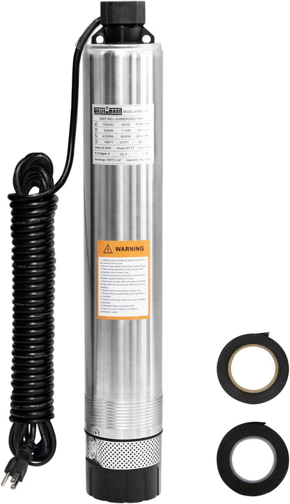 WASSERMANN Bomba séptica de 4 pulgadas con efluente sumergible/bomba de succión inferior de cisterna con cable de 33 pies, 1/2HP, 115V/60HZ, 26GPM, cabeza de 138 pies, bomba de pozo profundo de acero