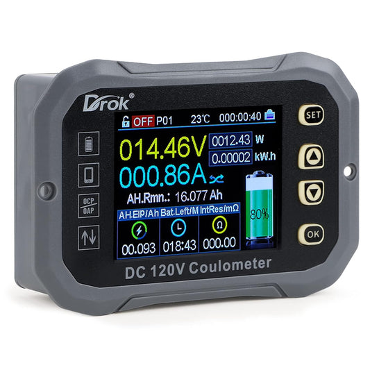 DROK - Multímetro de carga y descarga, 0-120 V 100 A CC voltímetro acoplador, control de aplicación de teléfono celular, monitor de batería LCD, voltaje, temperatura, capacidad de potencia, monitor de
