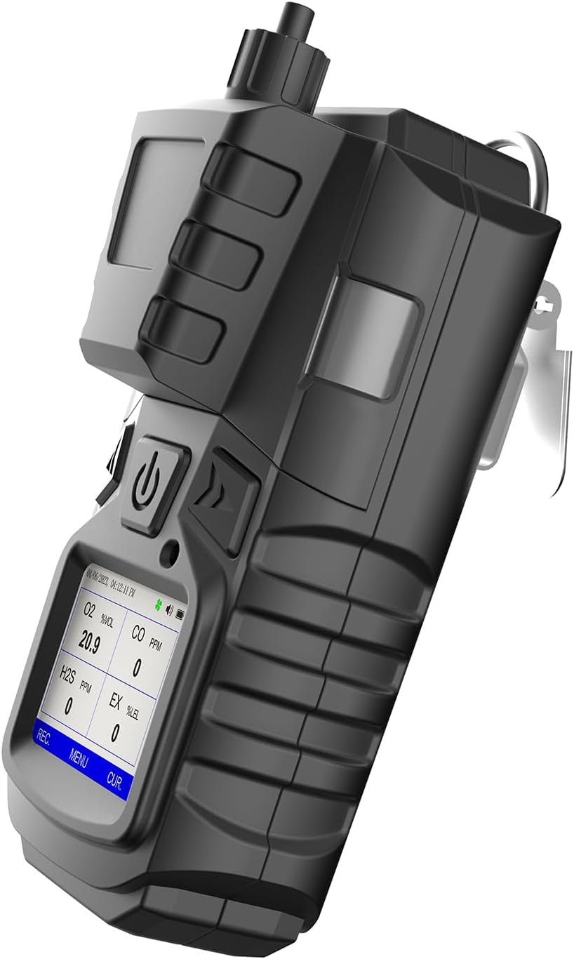 Detector de gas con bomba, 4 monitores de gas, detector de gas múltiple CO EX O2 H2S, monitor recargable de 4 gases de 3000 mAh con kit de calibración, pantalla LCD portátil con clip detector de gas FS11301