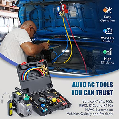 Orion Motor Tech Bomba de Vacío de CA con Manómetros, Bomba de Vacío de 4.5cfm y Juego de Manómetros de Colector de 4 Vías con Detector de Fugas para Refrigerante R134a, R22 o R410a (4.5 CFM&4 Way)