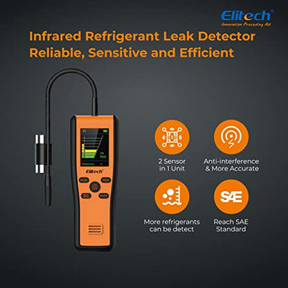 Elitech Detector de fugas de refrigerante, sensores de diodo infrarrojo y calentado en 1 unidad, aspirador de gas halógeno HVAC, antiinterferencia, alcance estándares SAE, IR-200